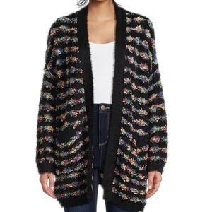 Dreamers Sweater Women’s Medium Black Rainbow Oversized Open Front Cardigan